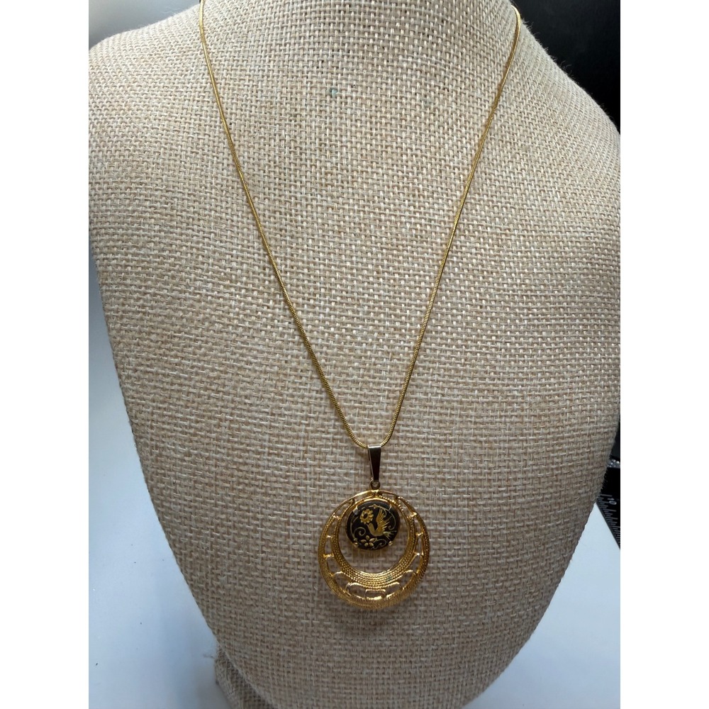 Vintage Gold Tone Damascene Bird Pendant Necklace Snake Chain Black Gold Floral